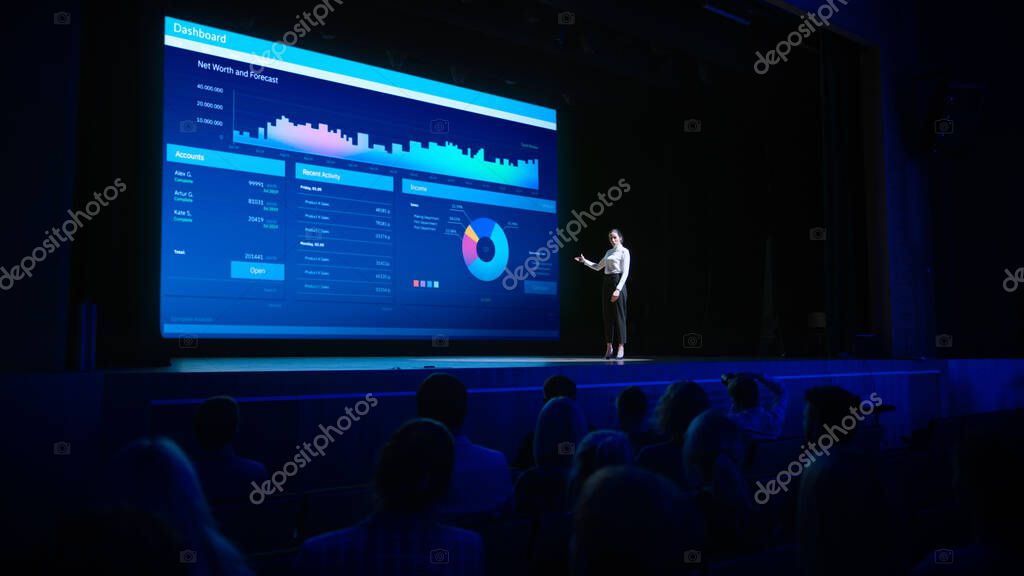Analista mostrando gráficos en conferencia